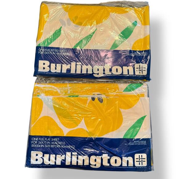 Vintage 70s Burlington full flat and fitted sheet NOS in package Yellow floral - Picture 1 of 6
